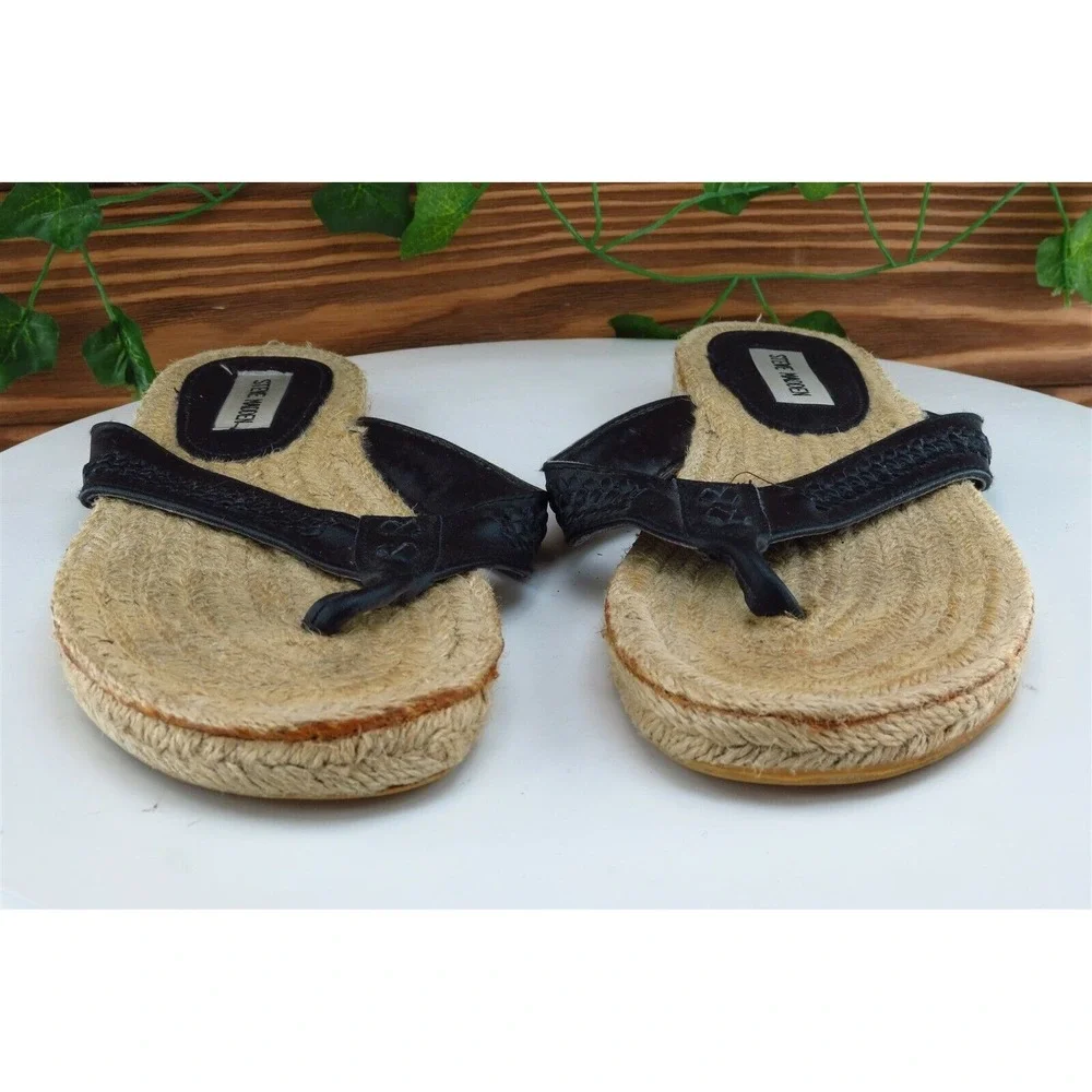 Steve Madden Women's Size 9‎ Black Leather Flip Flop Sandals Woven Espadrille